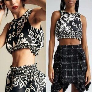 NWT Sacai Floral Print Black White Elastic Sleeveless Crop Top Size XL